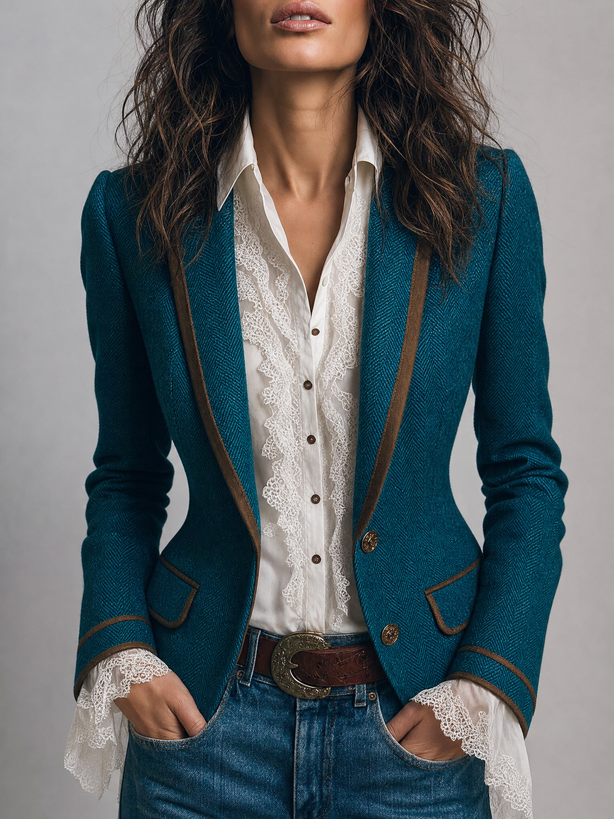 Blazer Entallado Retro de Tweed Espiga con Ribete en Contraste