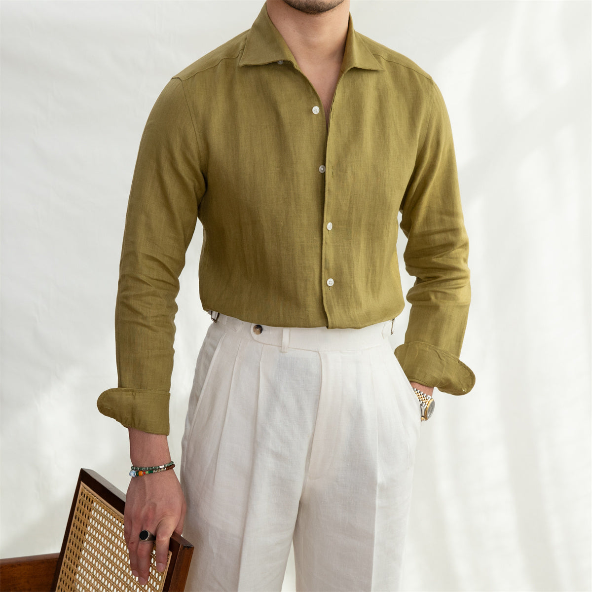 Camisa "Portofino" de Lino, Cuello Cutaway, Manga Larga