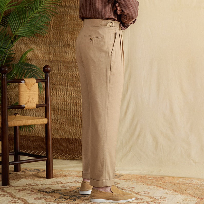 Pantalón "Monaco" de Lino con Doble Pliegue, Corte Recto