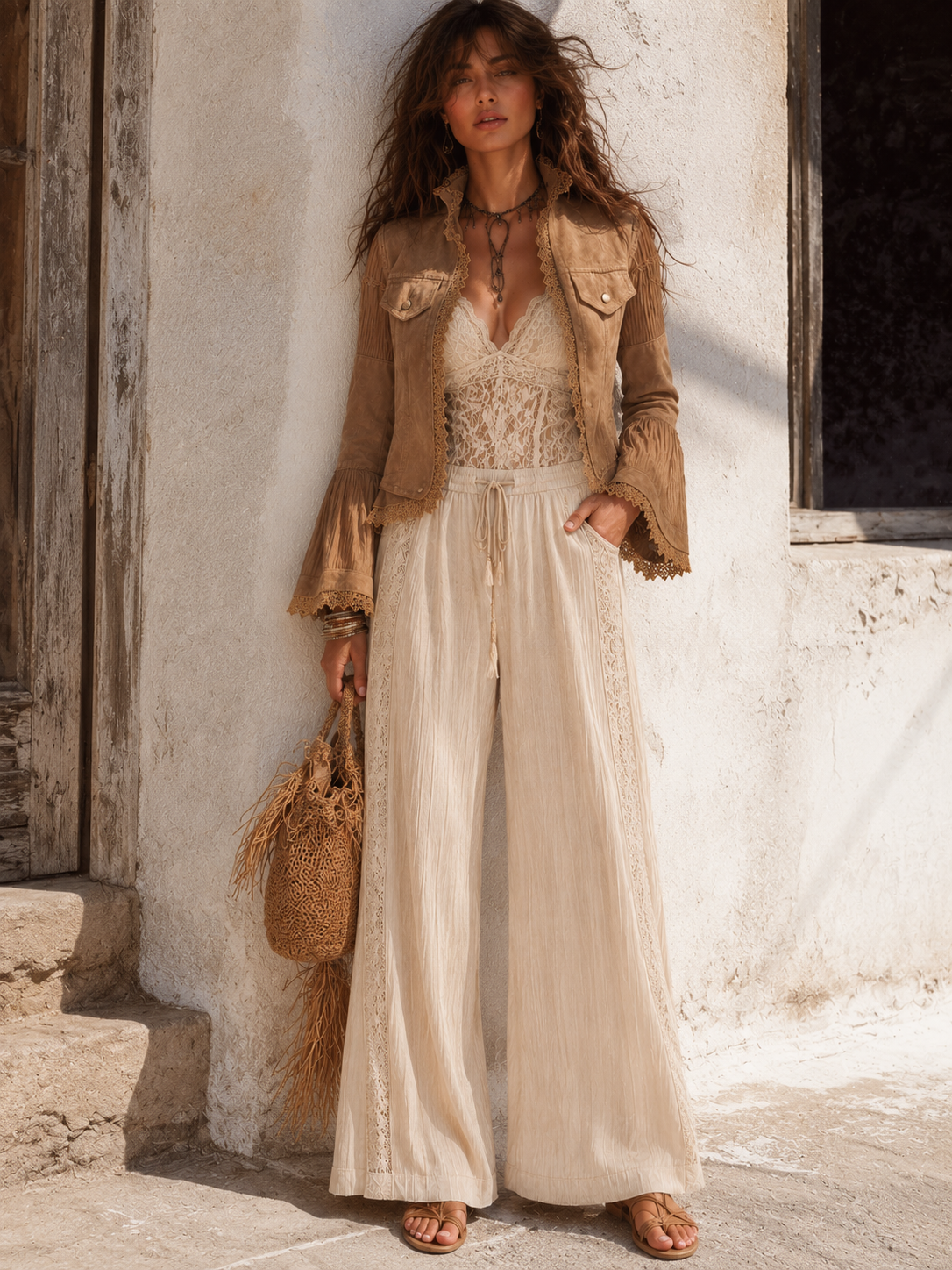Chamarra Boho Vintage de Manga Larga Acampanada Transparente con Patchwork, Bolsas y Ribete de Encaje