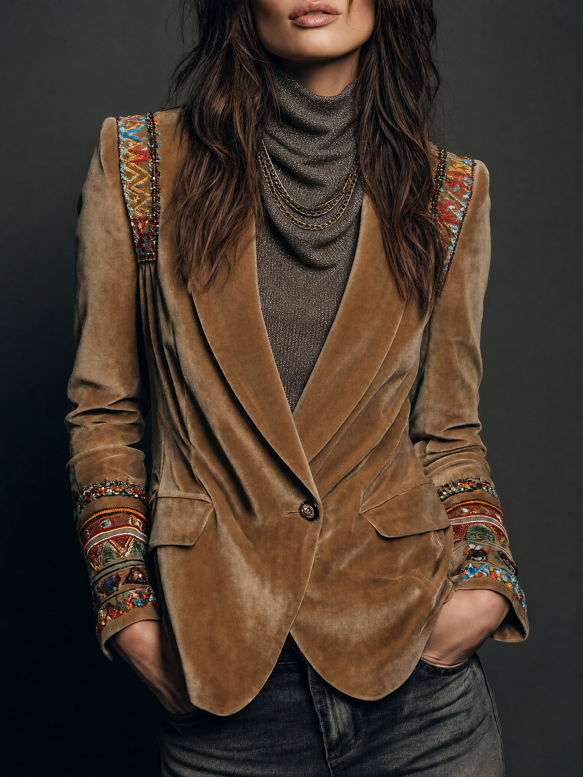 Blusa Boho Café de Punto Ligero, Cuello Drapeado, Manga Larga y Corte Slim