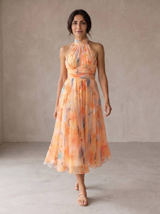 Aurora | Halter Neck Watercolour Print Dress
