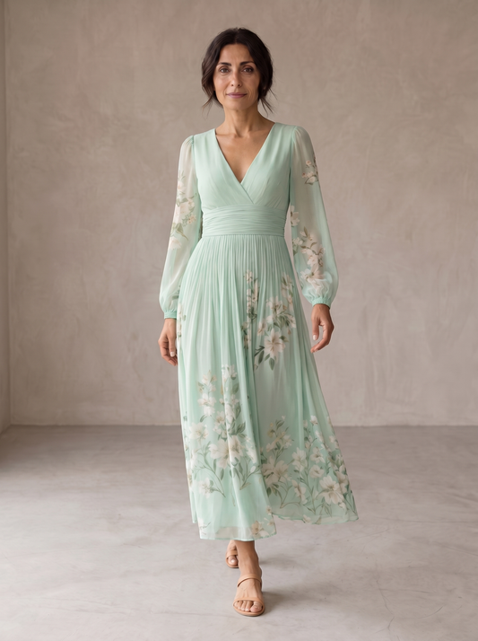 Celia | Light Green Floral Midi Dress