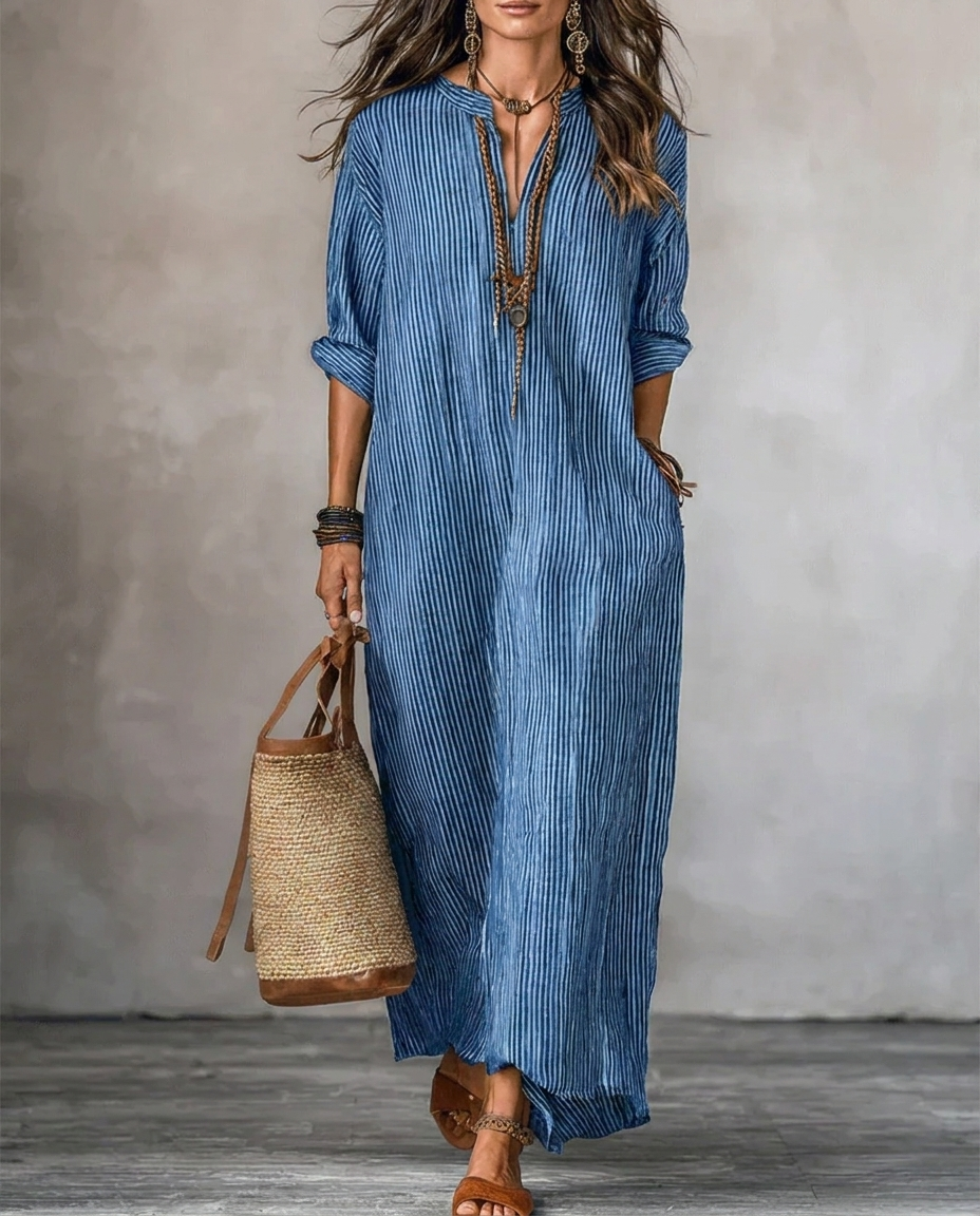 HAVEN | Vestido Maxi de Manga Larga con Escote en V, Rayas y Bolsas Laterales