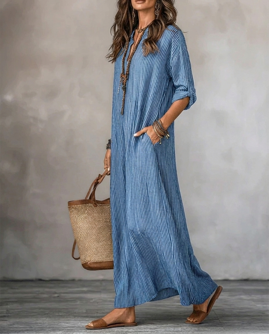 HAVEN | Vestido Maxi de Manga Larga con Escote en V, Rayas y Bolsas Laterales