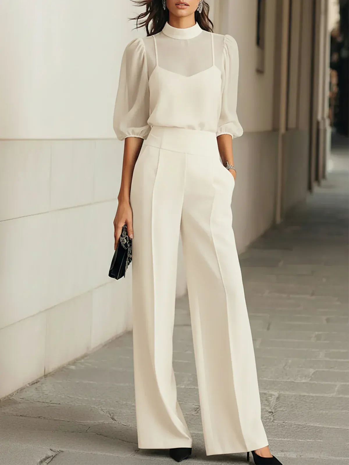 Valéria | Conjunto de Tres Piezas con Blusa Transparente y Pantalón Amplio