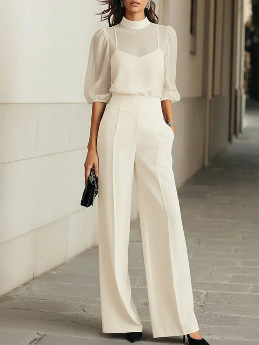 Valéria | Conjunto de Tres Piezas con Blusa Transparente y Pantalón Amplio