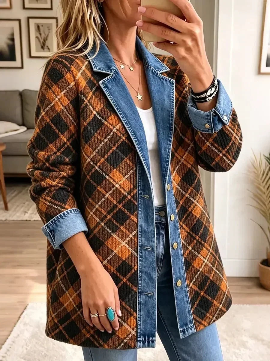 Graciela | Chamarra de Mezclilla Vintage con Estampado de Bloques Café