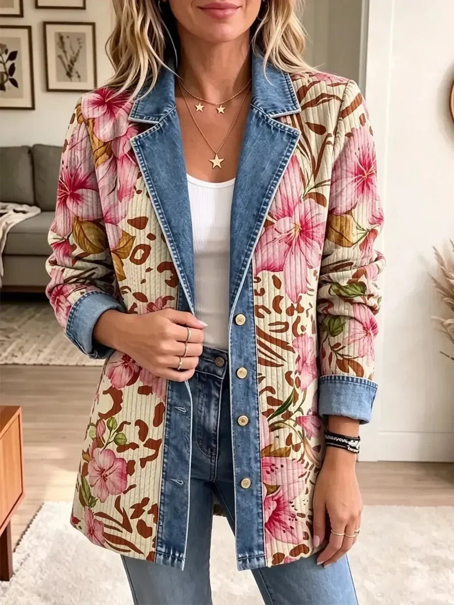 Teresa | Chamarra Retro Artística de Flores y Leopardo