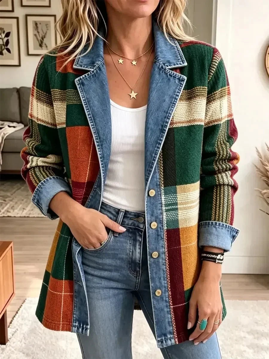 Gabriela | Chamarra de Mezclilla Retro Casual con Cuadros Artísticos