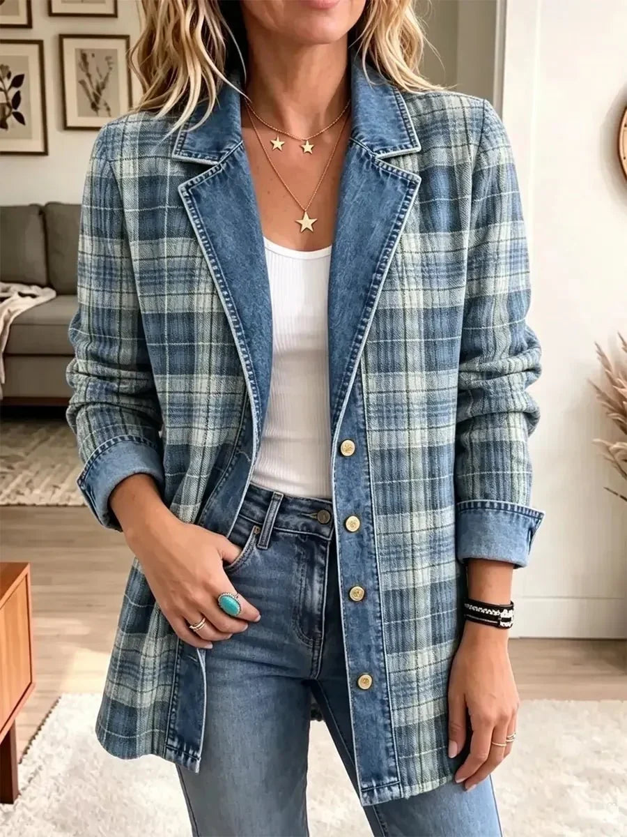 Alejandra | Chamarra de Mezclilla Retro Casual a Cuadros Artísticos