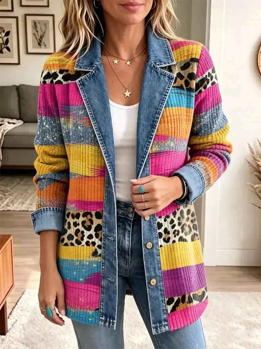Adriana | Chamarra de Mezclilla Retro con Estampado de Leopardo Multicolor