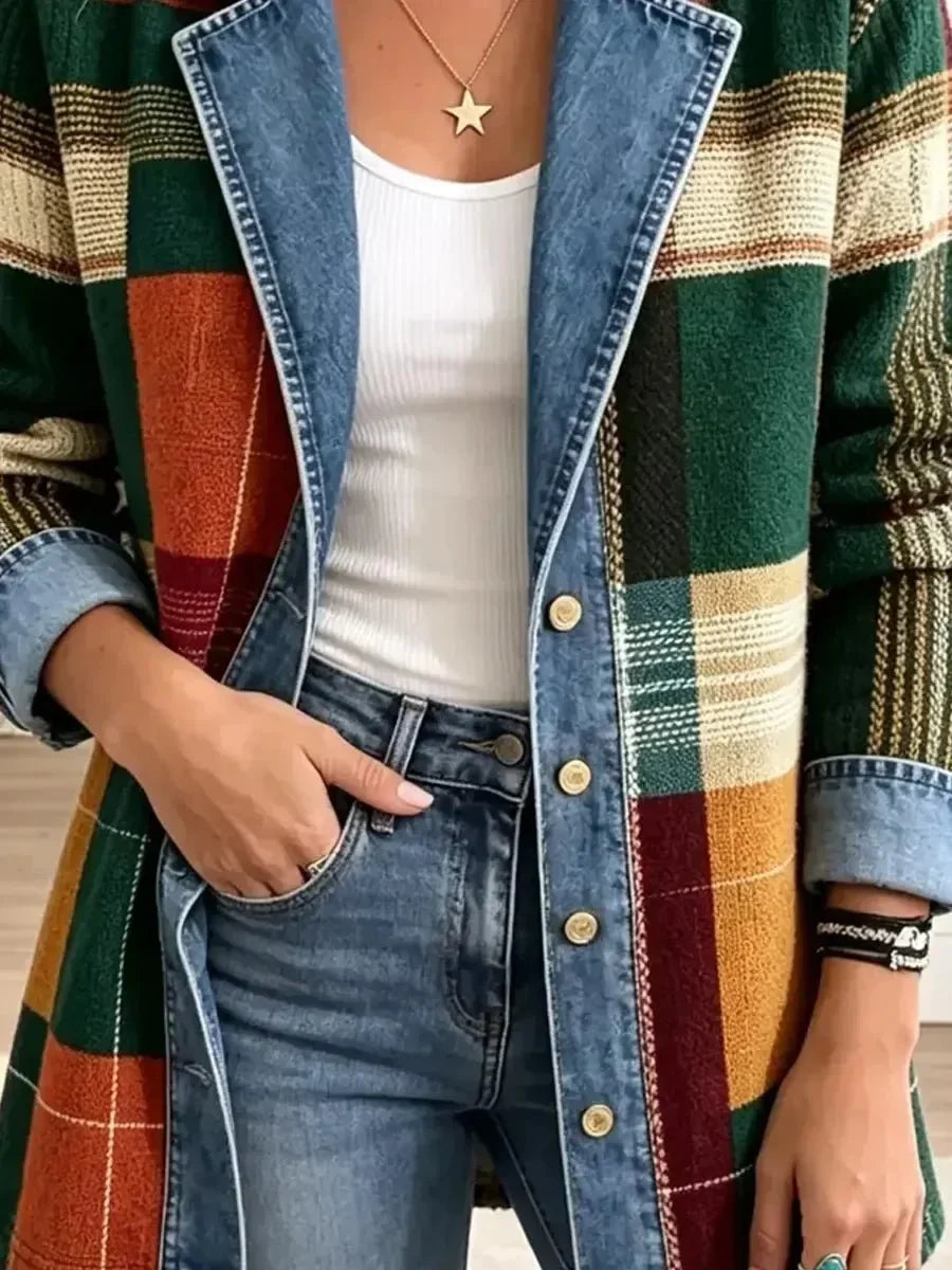 Gabriela | Chamarra de Mezclilla Retro Casual con Cuadros Artísticos