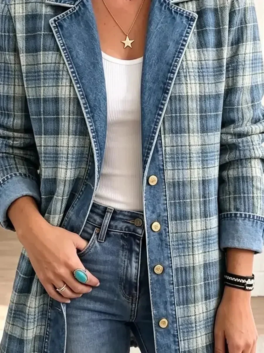 Alejandra | Chamarra de Mezclilla Retro Casual a Cuadros Artísticos