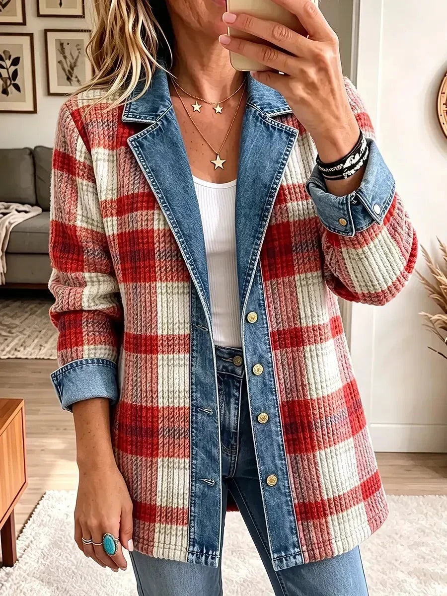 Rocío | Chamarra de Mezclilla Vintage Elegante Patchwork Roja