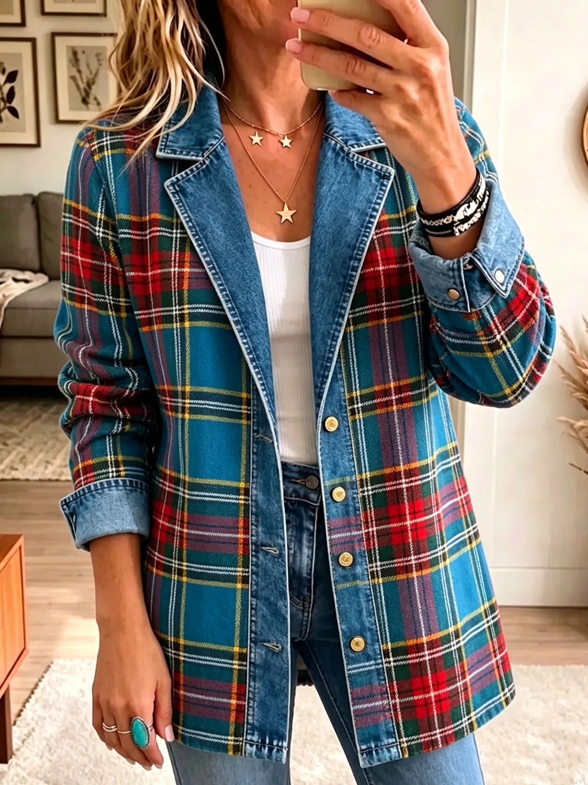 Claudia | Blazer de Mezclilla a Cuadros Escoceses Azul para Mujer