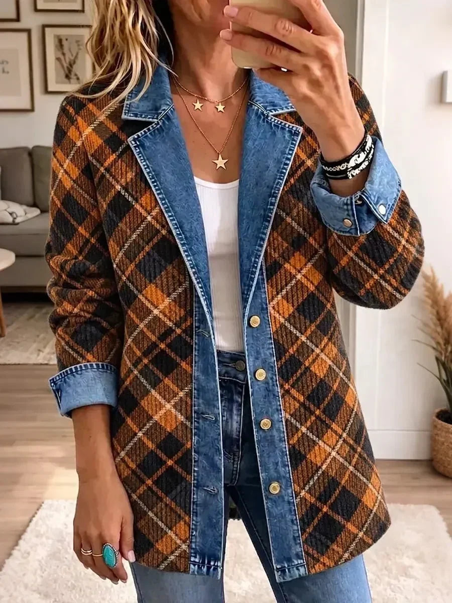 Graciela | Chamarra de Mezclilla Vintage con Estampado de Bloques Café