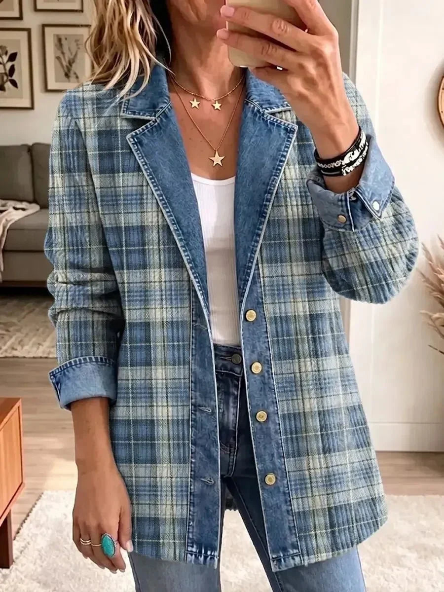 Alejandra | Chamarra de Mezclilla Retro Casual a Cuadros Artísticos