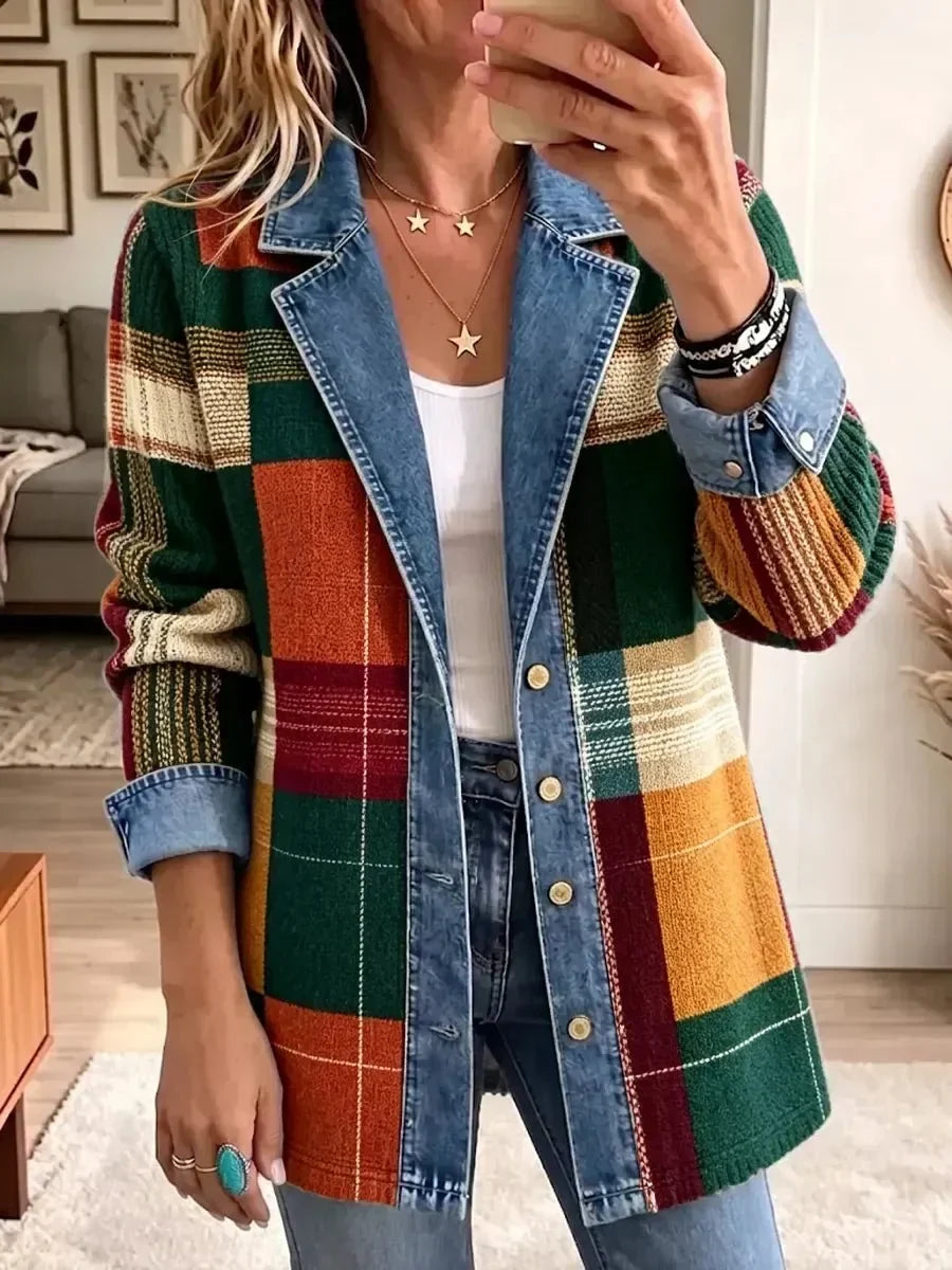 Gabriela | Chamarra de Mezclilla Retro Casual con Cuadros Artísticos