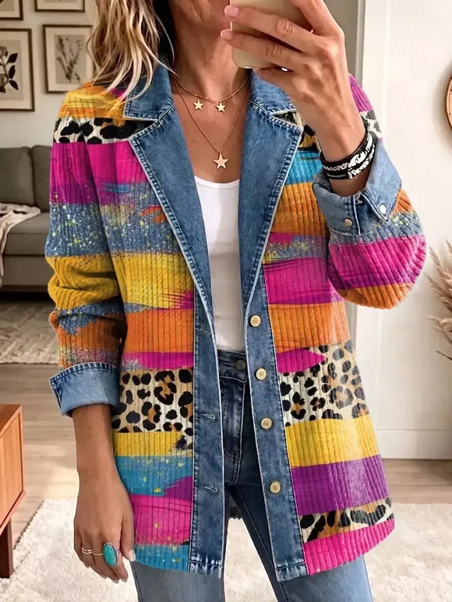 Adriana | Chamarra de Mezclilla Retro con Estampado de Leopardo Multicolor