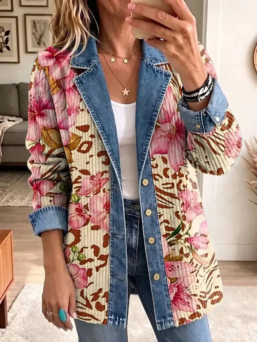 Teresa | Chamarra Retro Artística de Flores y Leopardo