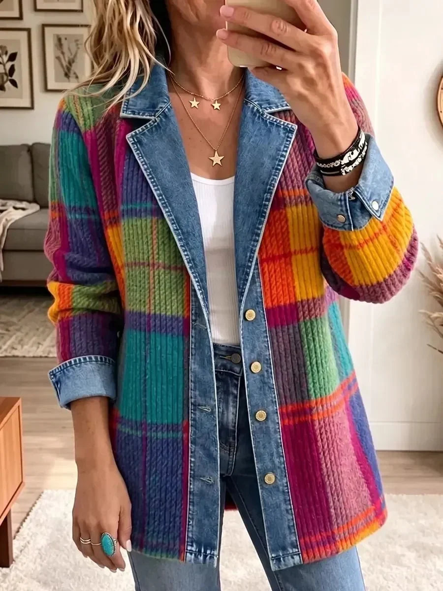 Patricia | Chamarra de Mezclilla Vintage Elegante Patchwork a Cuadros