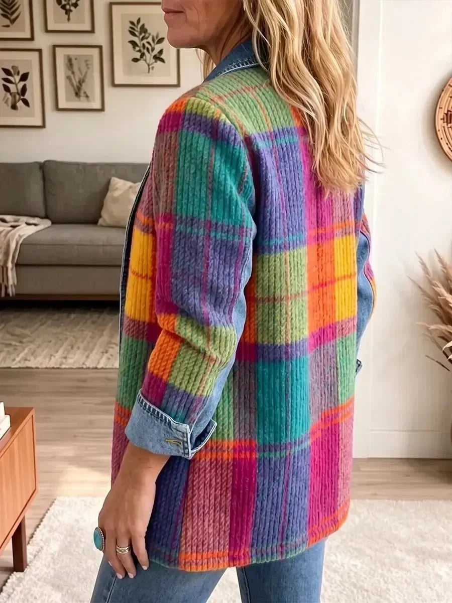 Patricia | Chamarra de Mezclilla Vintage Elegante Patchwork a Cuadros
