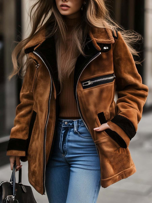 Abrigo de Gamuza Retro con Cierre y Colores de Contraste para Mujer