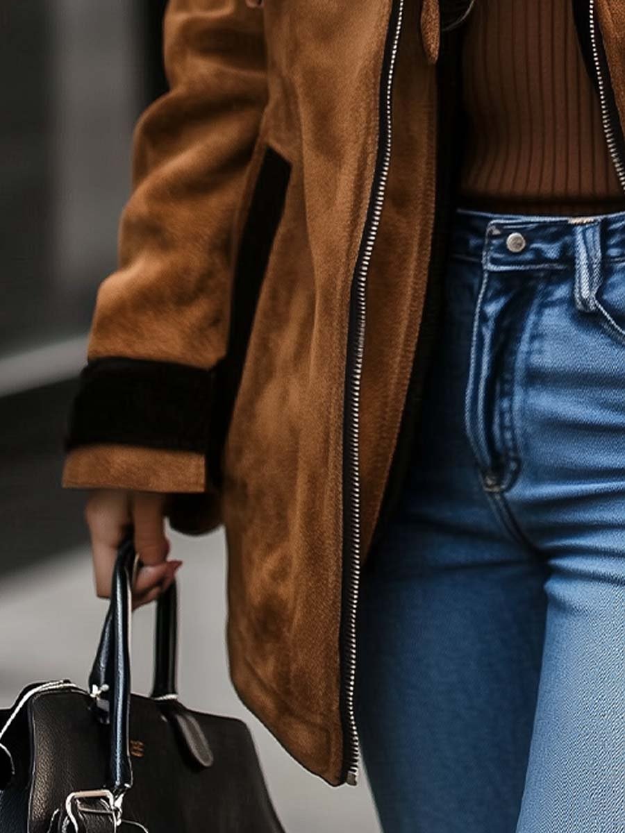 Abrigo de Gamuza Retro con Cierre y Colores de Contraste para Mujer