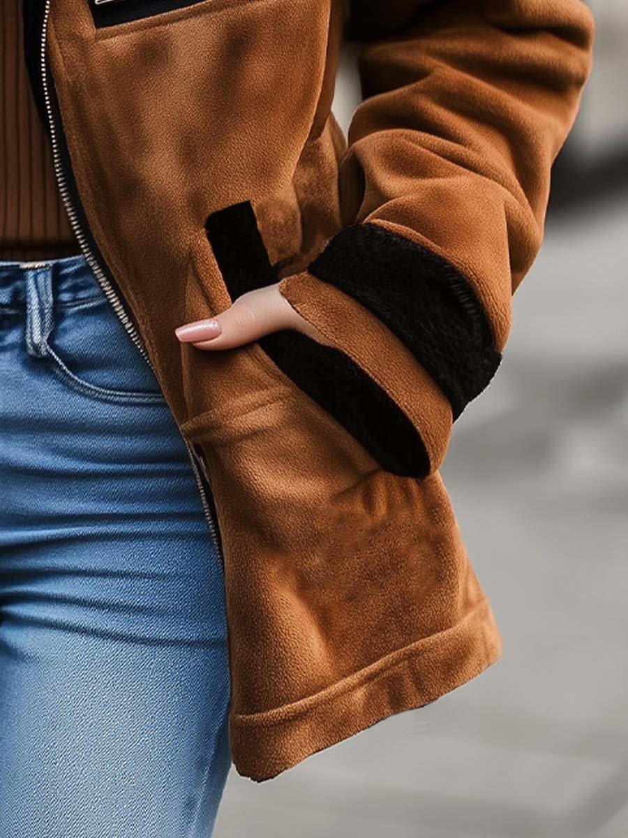 Abrigo de Gamuza Retro con Cierre y Colores de Contraste para Mujer