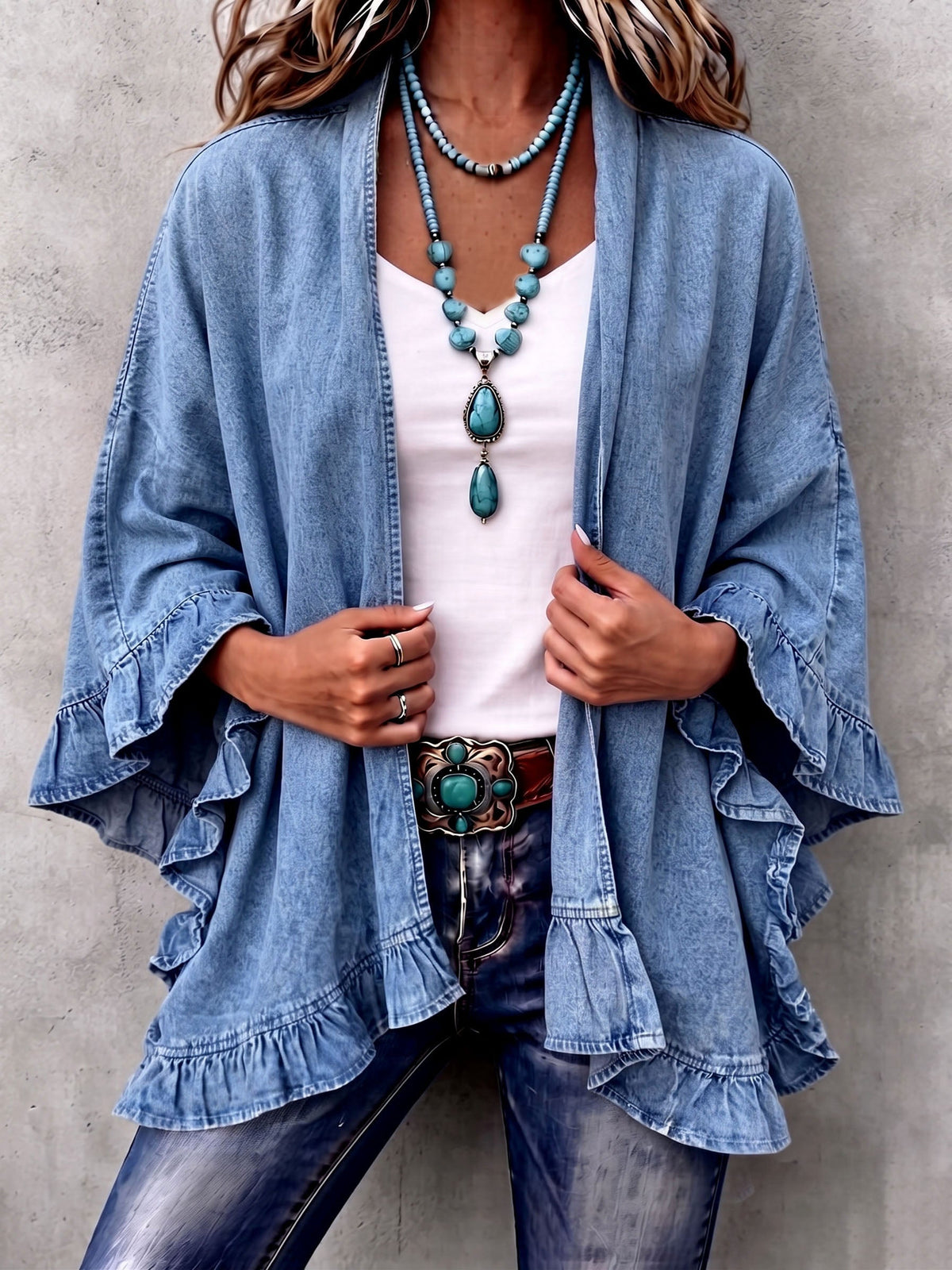 Corinne | Cárdigan Chic Bohemio de Mezclilla con Volantes