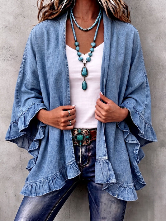 Corinne | Cárdigan Chic Bohemio de Mezclilla con Volantes