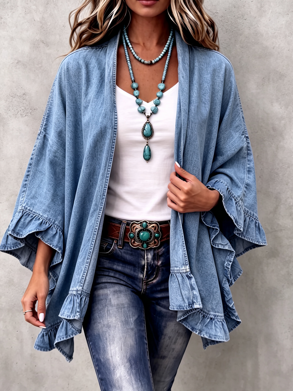 Corinne | Cárdigan Chic Bohemio de Mezclilla con Volantes