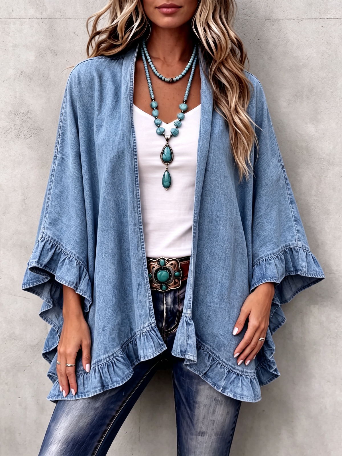 Corinne | Cárdigan Chic Bohemio de Mezclilla con Volantes