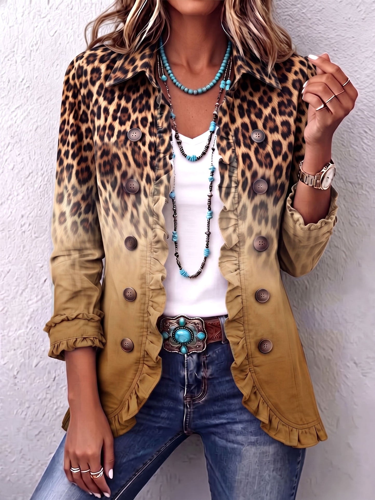 Reyes | Chamarra Blazer Leopardo Ocre con Volantes