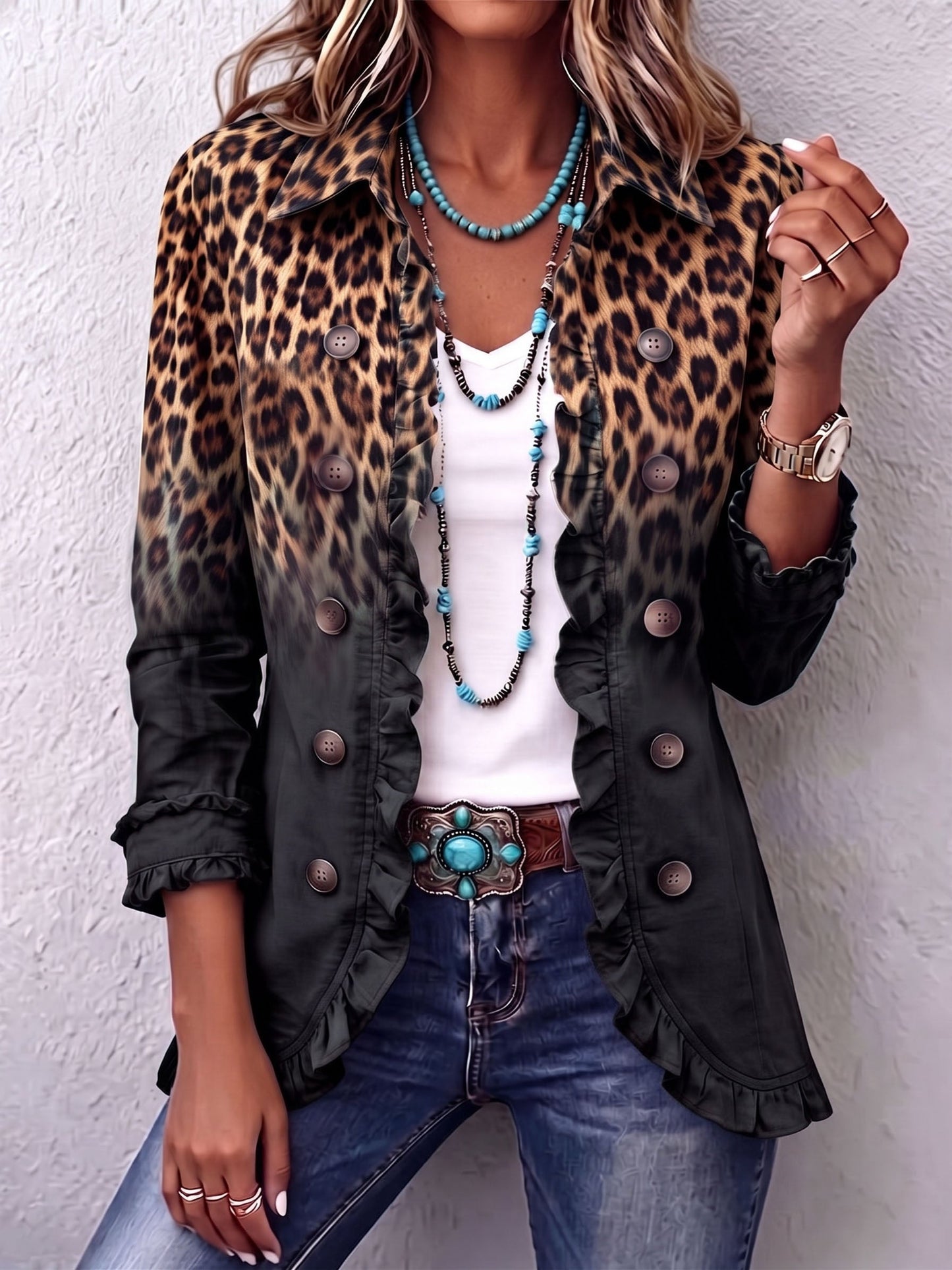 Sabina | Chamarra Blazer Leopardo Negro con Volantes