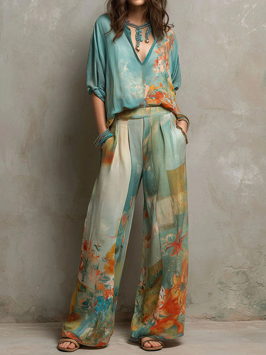 Chiara – Conjunto Elegante Estampado Floral con Pantalón Ancho