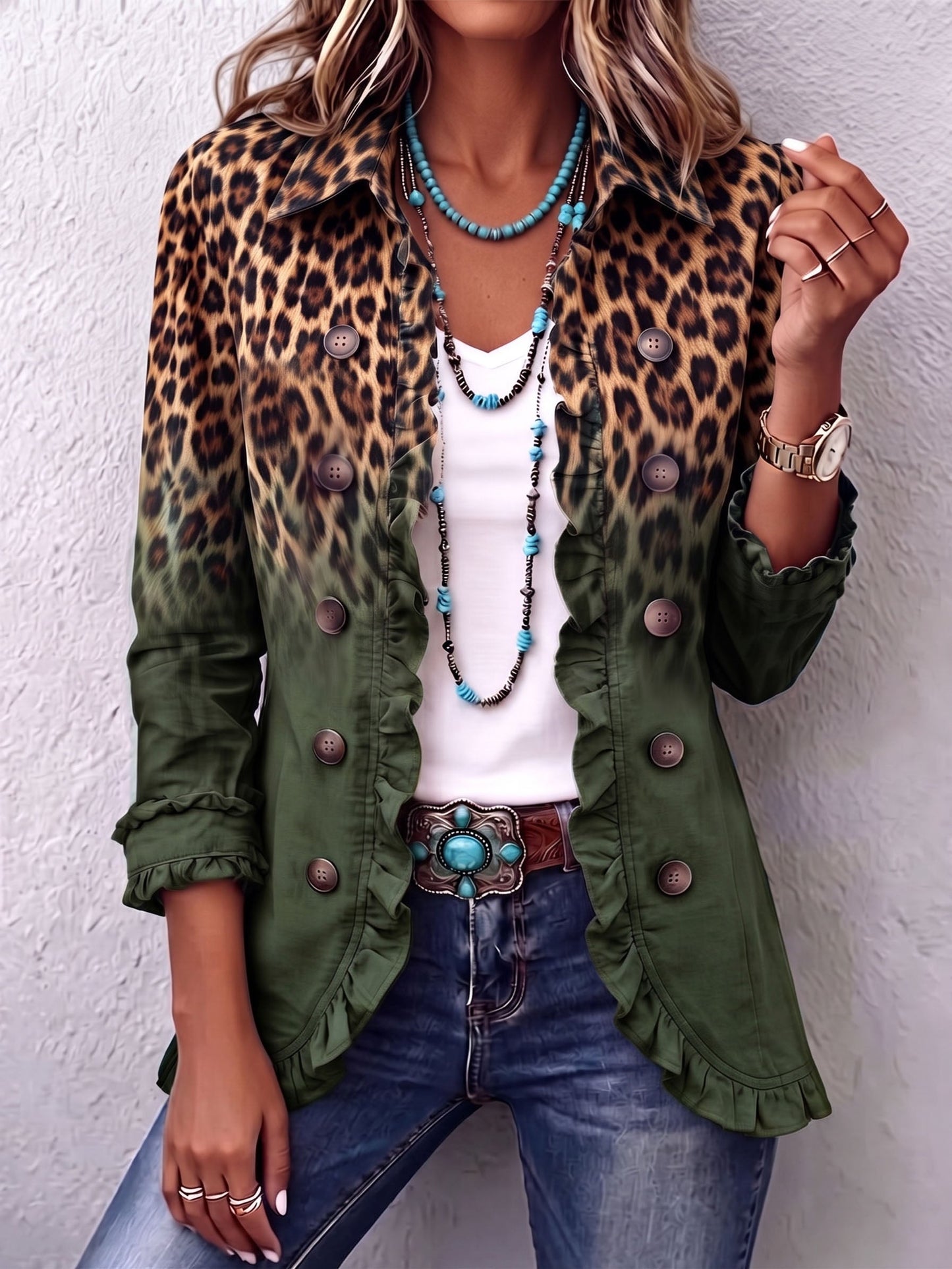 Mercedes | Chamarra Blazer Leopardo Degradado con Volantes