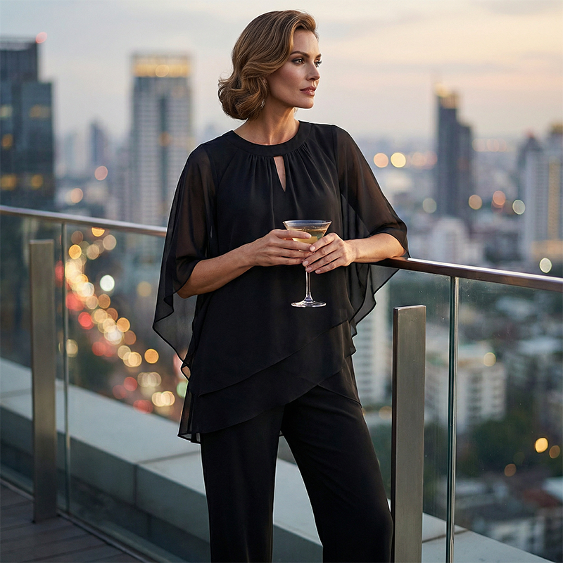 Jeannine | Conjunto de Blusa Camisera Asimétrica en Capas y Pantalón Amplio