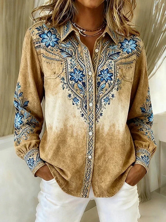 Angélica | Blusa Vintage Vaquera Floreada con Botones